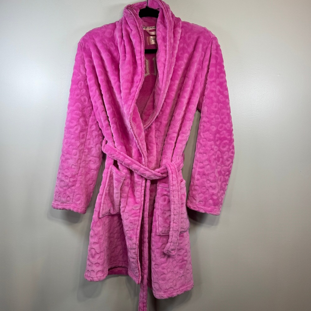 Juicy Couture Pink Leopard Print Fleece Robe Embroidered Logo Womens S